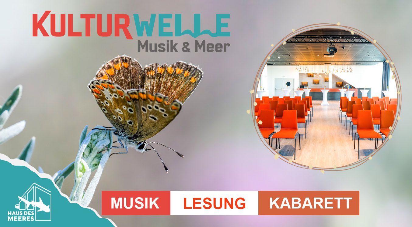 Naturbild mit Schmetterling und kleines Foto der Kulturlocation mit Bestuhlung