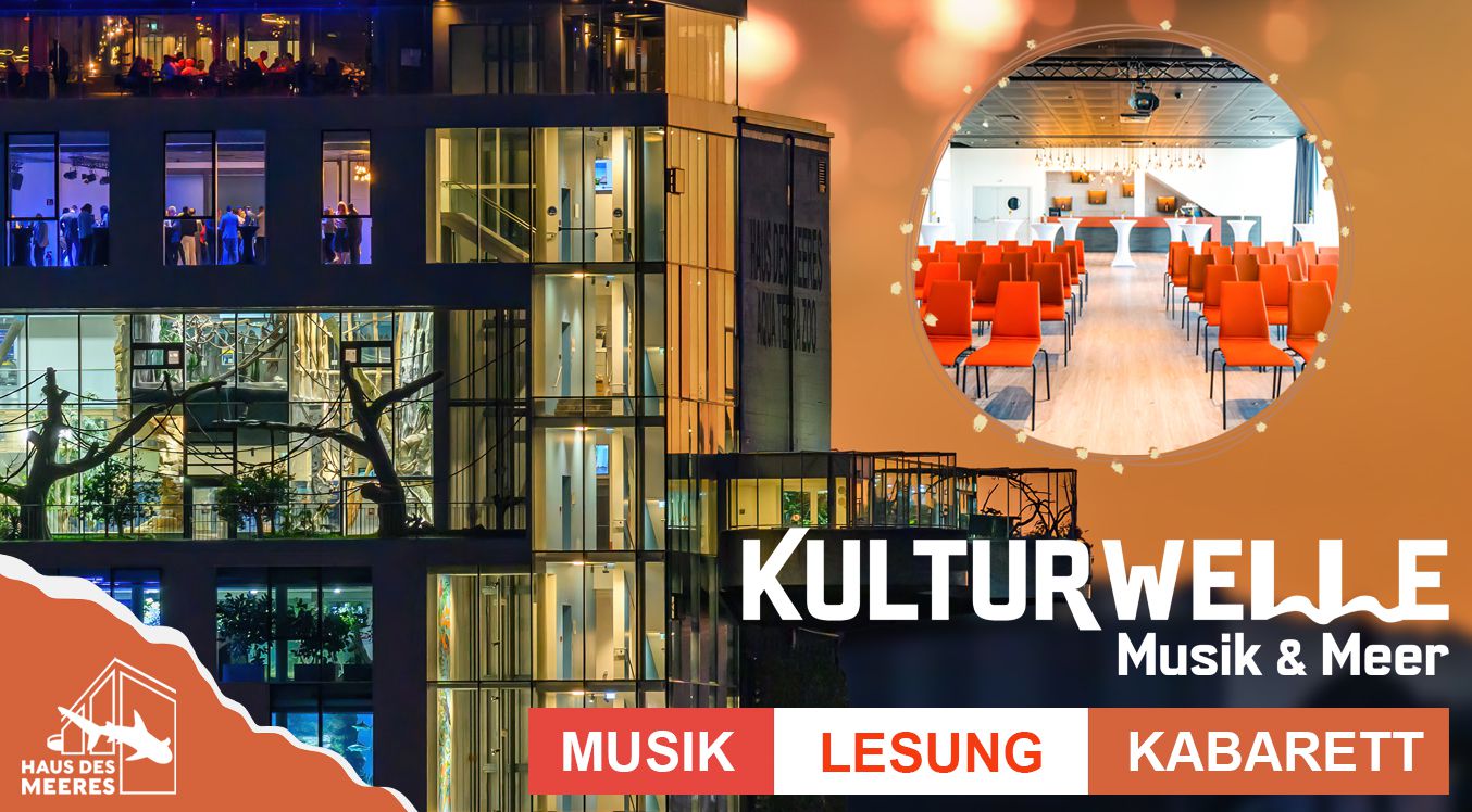 Naturbild mit Schmetterling und kleines Foto der Kulturlocation mit Bestuhlung