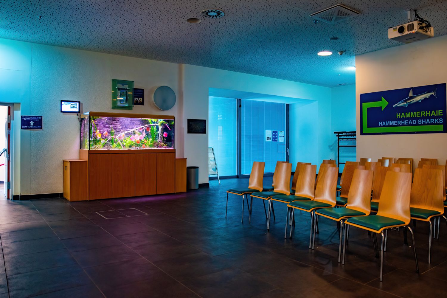 Veranstaltungssaal mit Bestuhlung und Aquarium